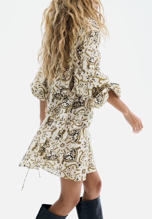 H&M - Oversized tie-belt dress - light beige patterned