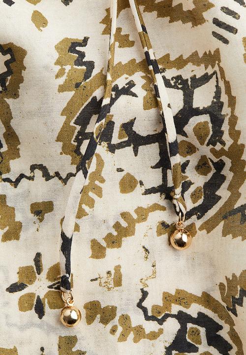 H&M - Oversized tie-belt dress - light beige patterned