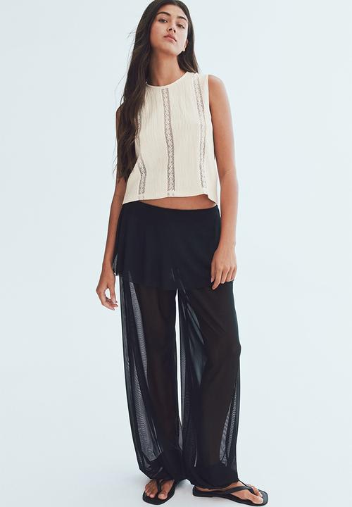 H&M - Crinkled lace-detail blouse - light beige