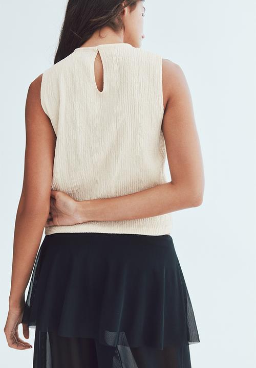 H&M - Crinkled lace-detail blouse - light beige