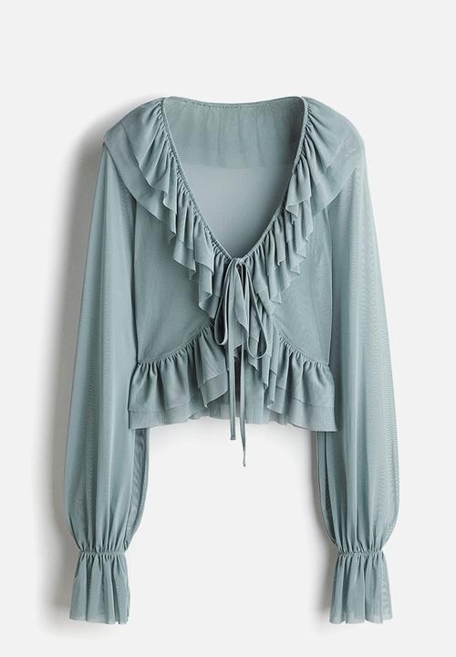 H&M - Frill-trimmed mesh blouse - dusty turquoise