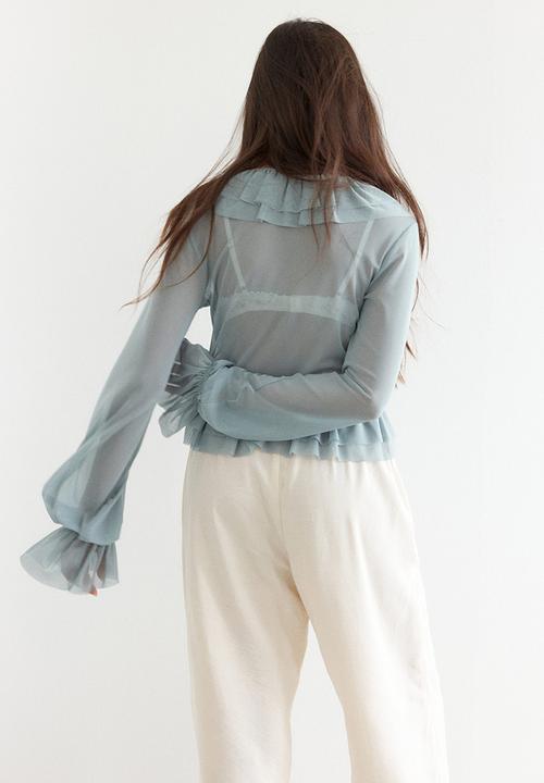 H&M - Frill-trimmed mesh blouse - dusty turquoise
