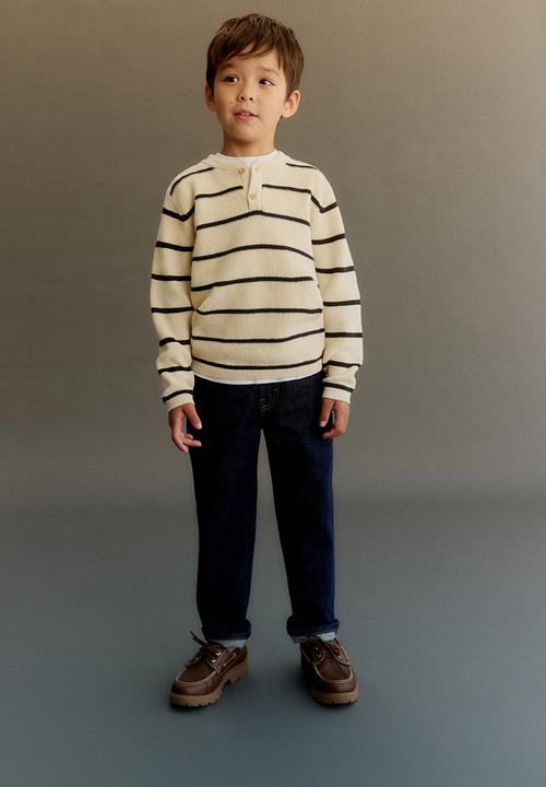 H&M - Waffle-knit henley jumper - cream & black striped