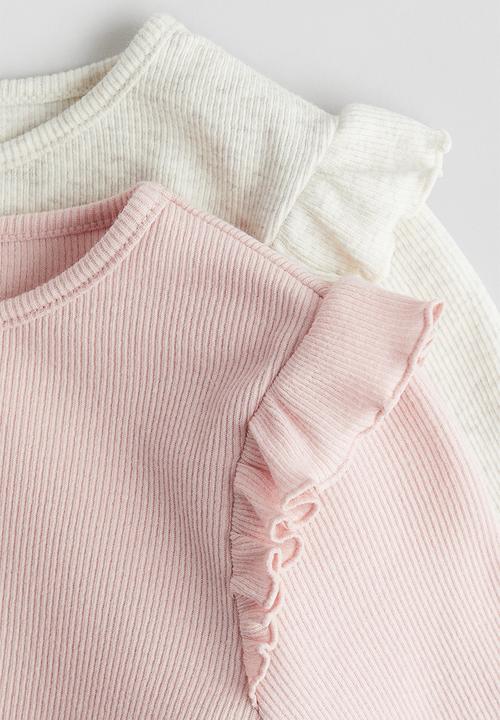 H&M -  2 pack ribbed cotton tops - light pink & cream marl