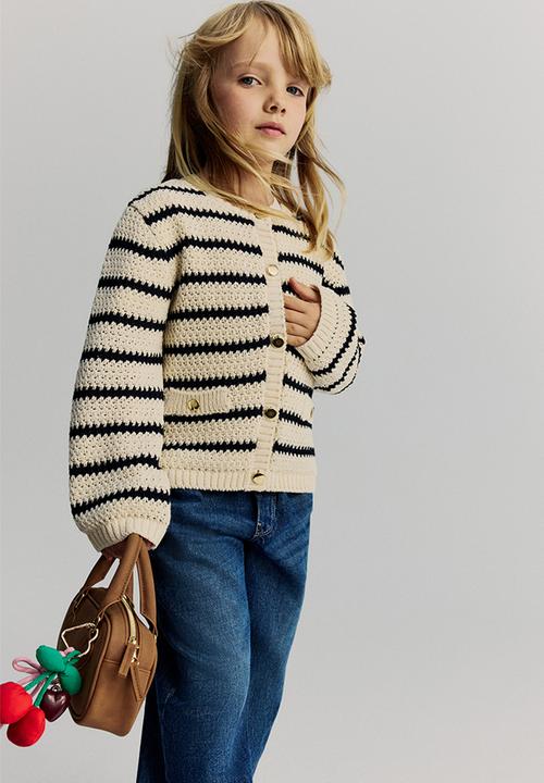 H&M - Crochet-look cardigan - light beige/striped 