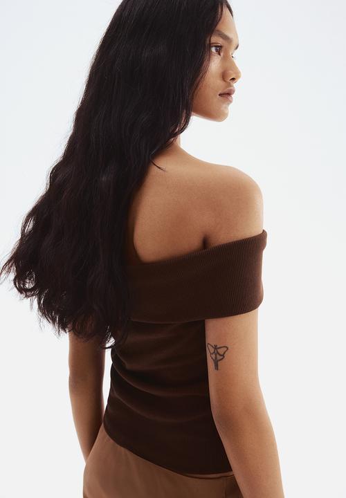 H&M - Rib-knit off-the-shoulder top - dark brown