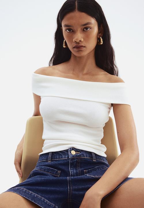 Rib-knit off-the-shoulder top - white - 1300631002