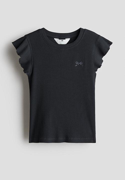 H&M - Ribbed flutter-sleeved top - dark grey