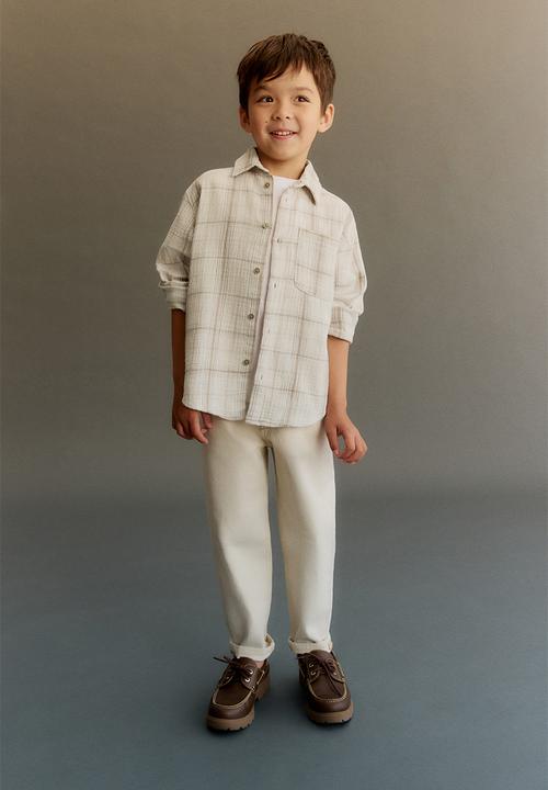 H&M - Cotton muslin shirt - light beige/checked 