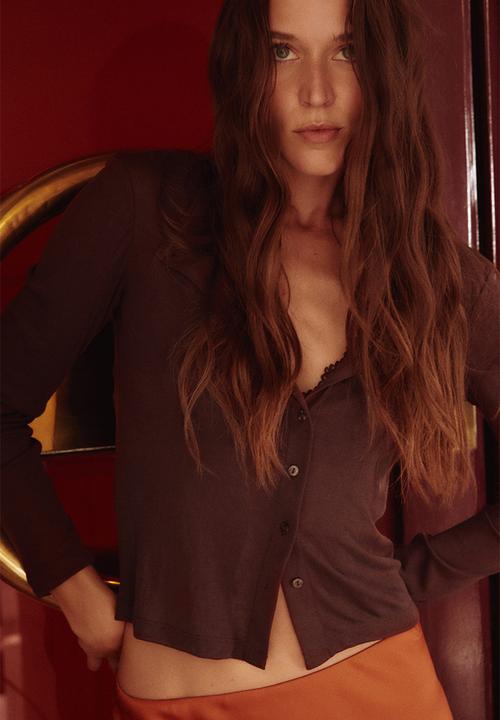 H&M - Fine-knit button-front top - dark brown 