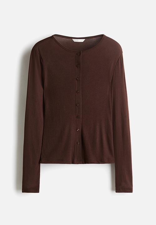 H&M - Fine-knit button-front top - dark brown 