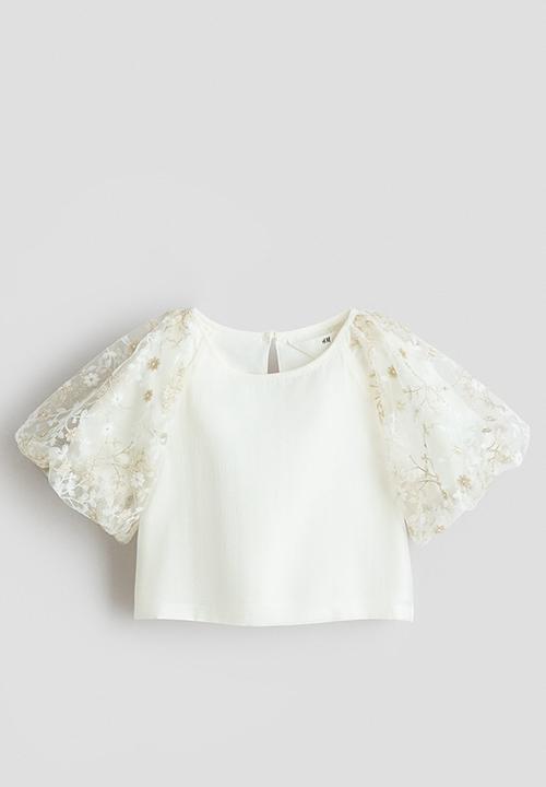 H&M - Puff-sleeved blouse - white/floral 