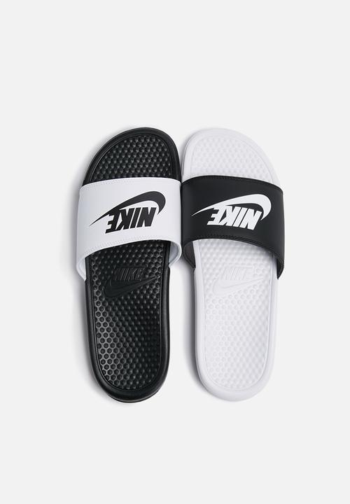 black and white nike slippers