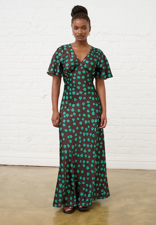 Me&B - Jade Flower Satin Bias Maxi - Choc