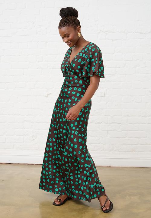 Me&B - Jade Flower Satin Bias Maxi - Choc