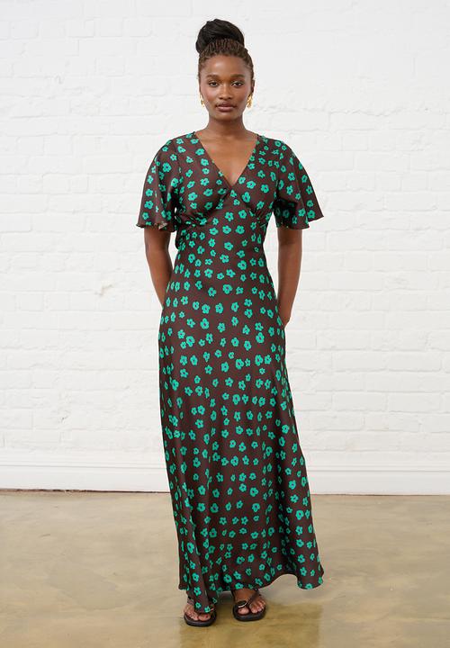Me&B - Jade Flower Satin Bias Maxi - Choc