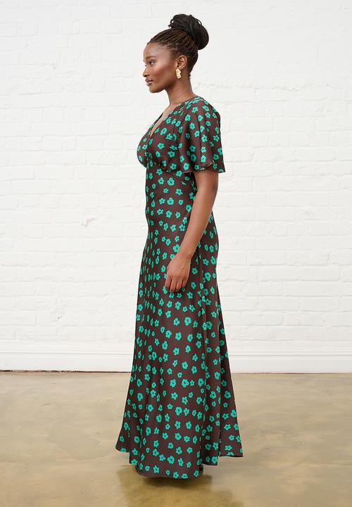 Me&B - Jade Flower Satin Bias Maxi - Choc