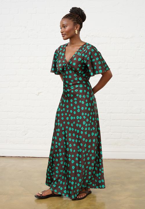 Me&B - Jade Flower Satin Bias Maxi - Choc