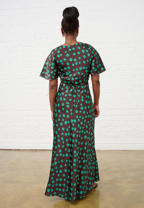 Me&B - Jade Flower Satin Bias Maxi - Choc
