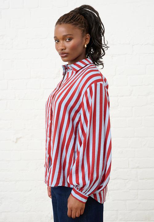 Me&B - Bellow Stripe Sleeve Shirt - Red & Blue