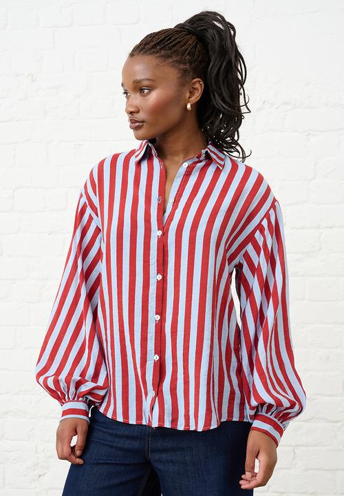 Me&B - Bellow Stripe Sleeve Shirt - Red & Blue