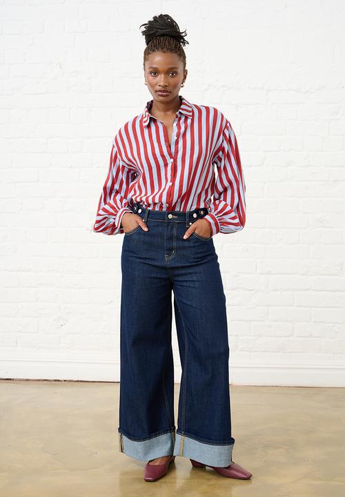 Me&B - Bellow Stripe Sleeve Shirt - Red & Blue