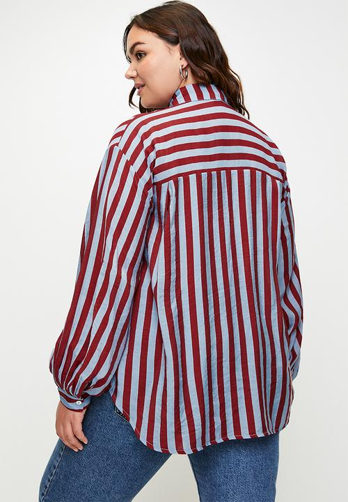Me&B - Plus Bellow Stripe Sleeve Shirt - Red/Blue