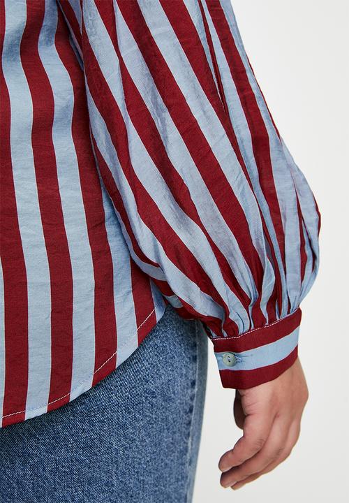 Me&B - Plus Bellow Stripe Sleeve Shirt - Red/Blue