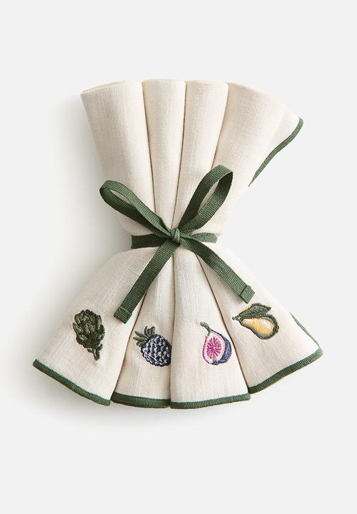 H&M - 4-pack embroidered napkins -- light beige/foods 