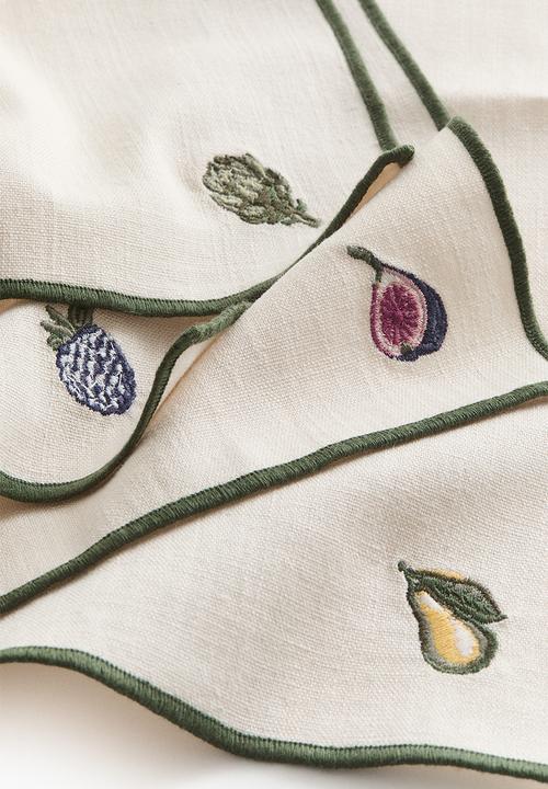 H&M - 4-pack embroidered napkins -- light beige/foods 