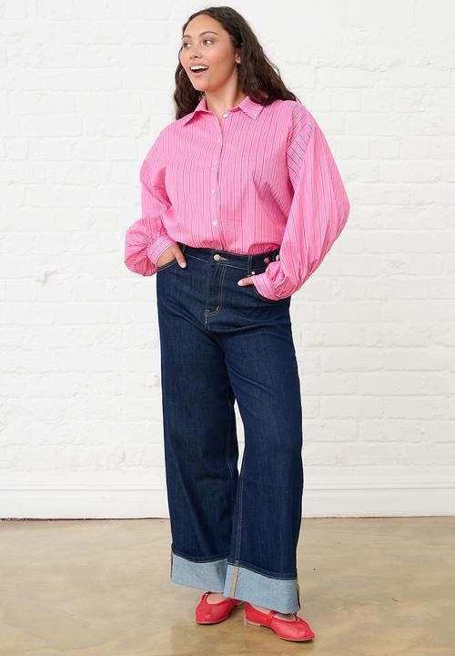 Me&B - Plus Bellow Sleeve Shirt Stripe - Pink