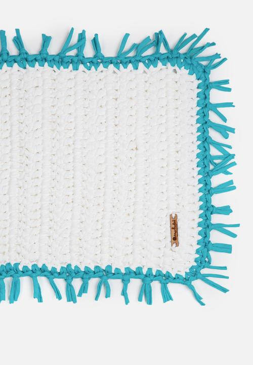 Sew Hooked - White mat with Turquoise tassel