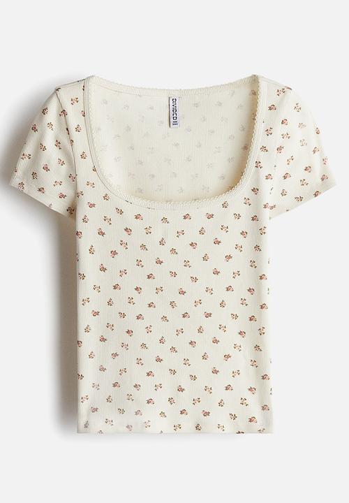 H&M - Picot-trimmed ribbed t-shirt - cream floral