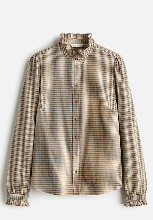 H&M - Frilled-collar blouse - beige/checked