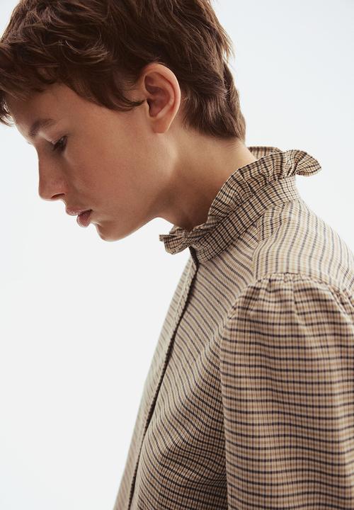 H&M - Frilled-collar blouse - beige/checked