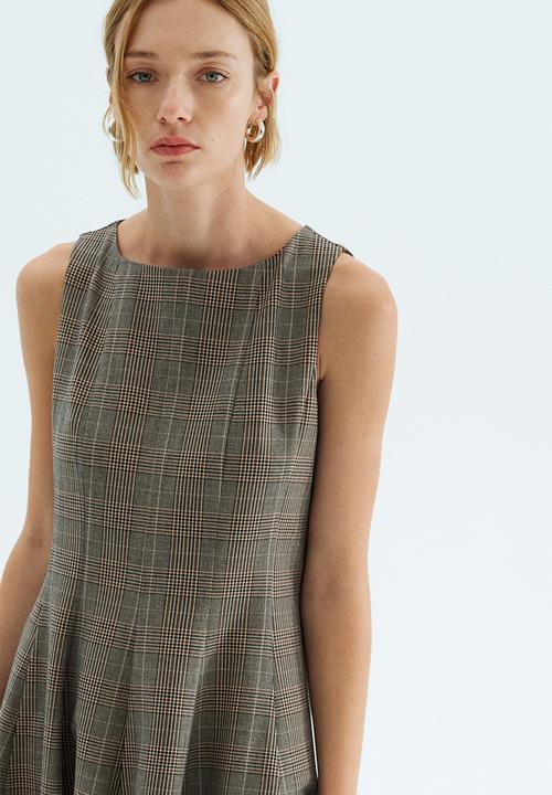 H&M - Flared-skirt dress - beige checked 