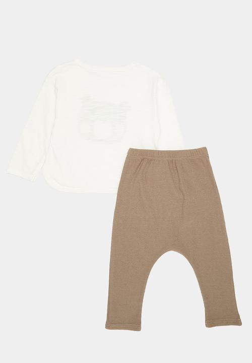 Pop Candy - Curved hem tee & tights set - white/brown/bear