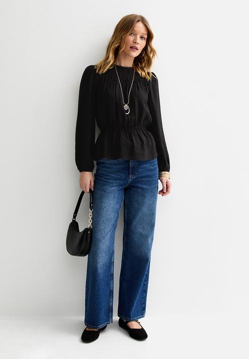 New Look - Vde shelly shirred crew neck blouse  - black