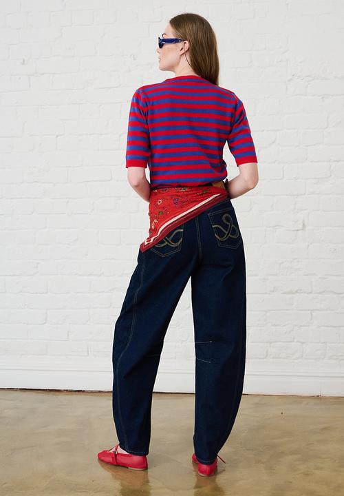 Me&B - Adjustable Waist Barrel Leg Jeans - Dark Wash