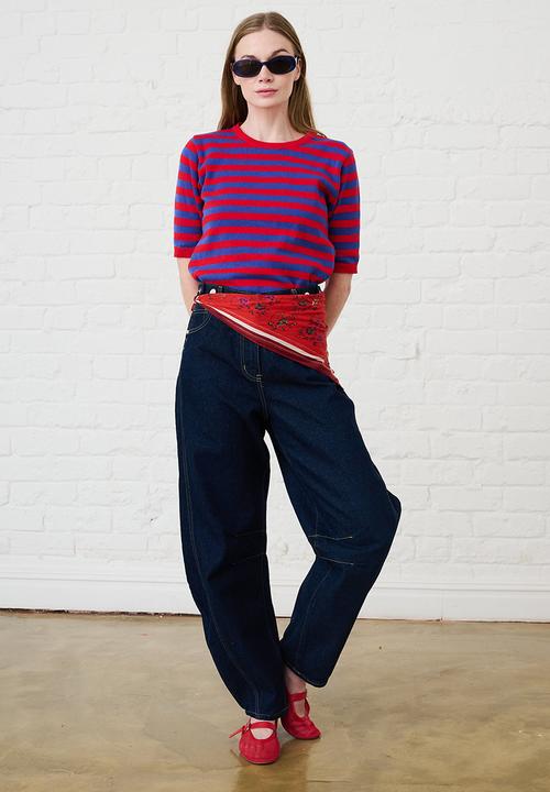 Me&B - Adjustable Waist Barrel Leg Jeans - Dark Wash