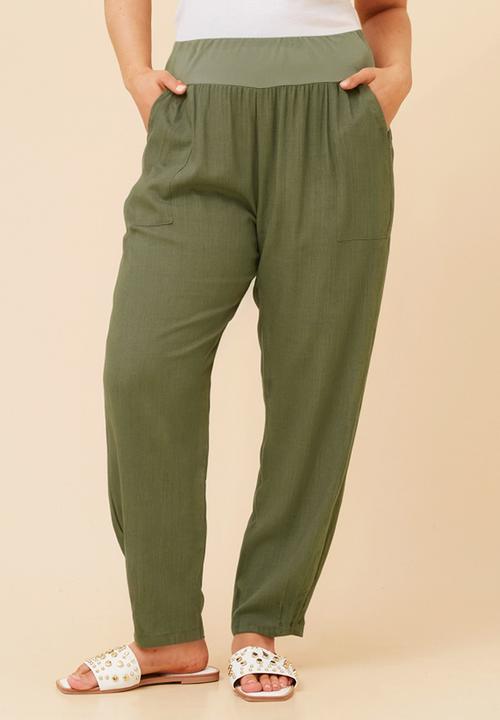 Izabel London - High Waisted Linen Blend Straight Leg Pant With Ribbed And Elasticated Waistband - Khaki
