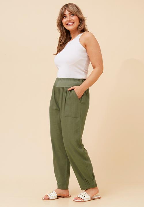 Izabel London - High Waisted Linen Blend Straight Leg Pant With Ribbed And Elasticated Waistband - Khaki
