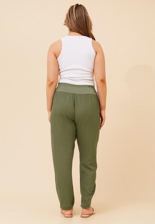 Izabel London - High Waisted Linen Blend Straight Leg Pant With Ribbed And Elasticated Waistband - Khaki
