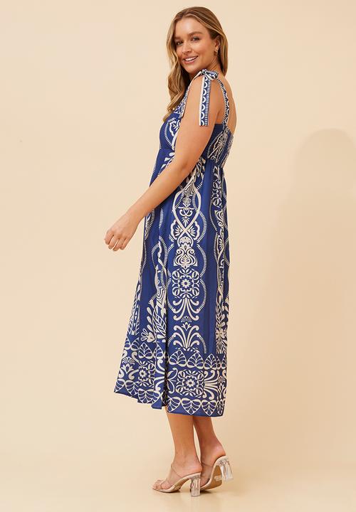 Stella Morgan - Tie strappy boobtube printed maxi a-line dress - cobolt blue