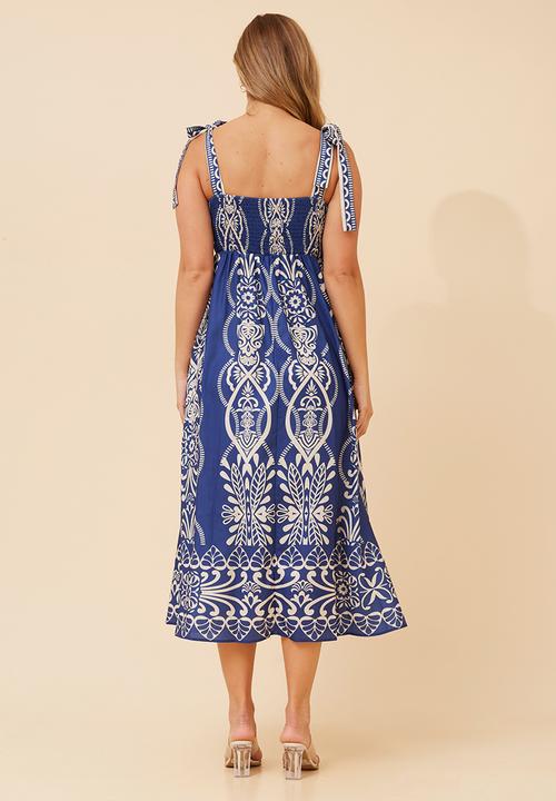 Stella Morgan - Tie strappy boobtube printed maxi a-line dress - cobolt blue
