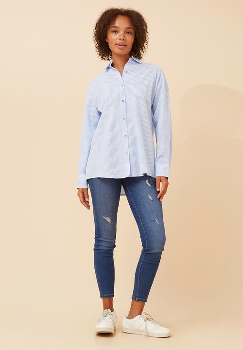 Stella Morgan - Long sleeve Boyfriend Button Through Shirt With Collar - Blue