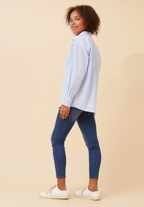 Stella Morgan - Long sleeve Boyfriend Button Through Shirt With Collar - Blue