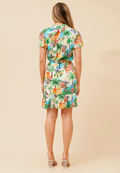 MANDI - Cap Sleeve Mini Button Through Dress With Collar - Multi