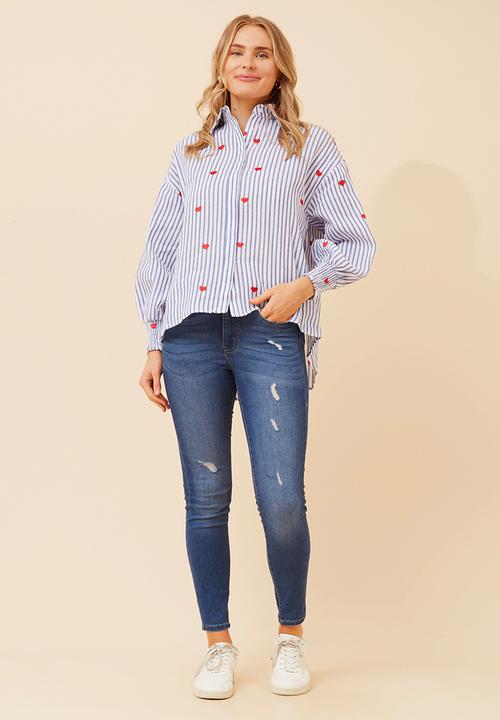 MANDI - 3/4 Sleeve With Smocking Button Through Stripe Shirt With All Over Heart Embroidery  - Blue
