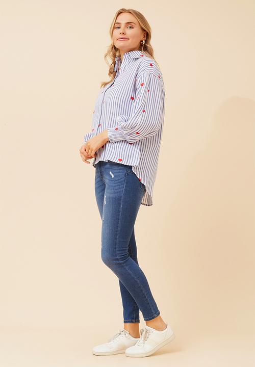 MANDI - 3/4 Sleeve With Smocking Button Through Stripe Shirt With All Over Heart Embroidery  - Blue